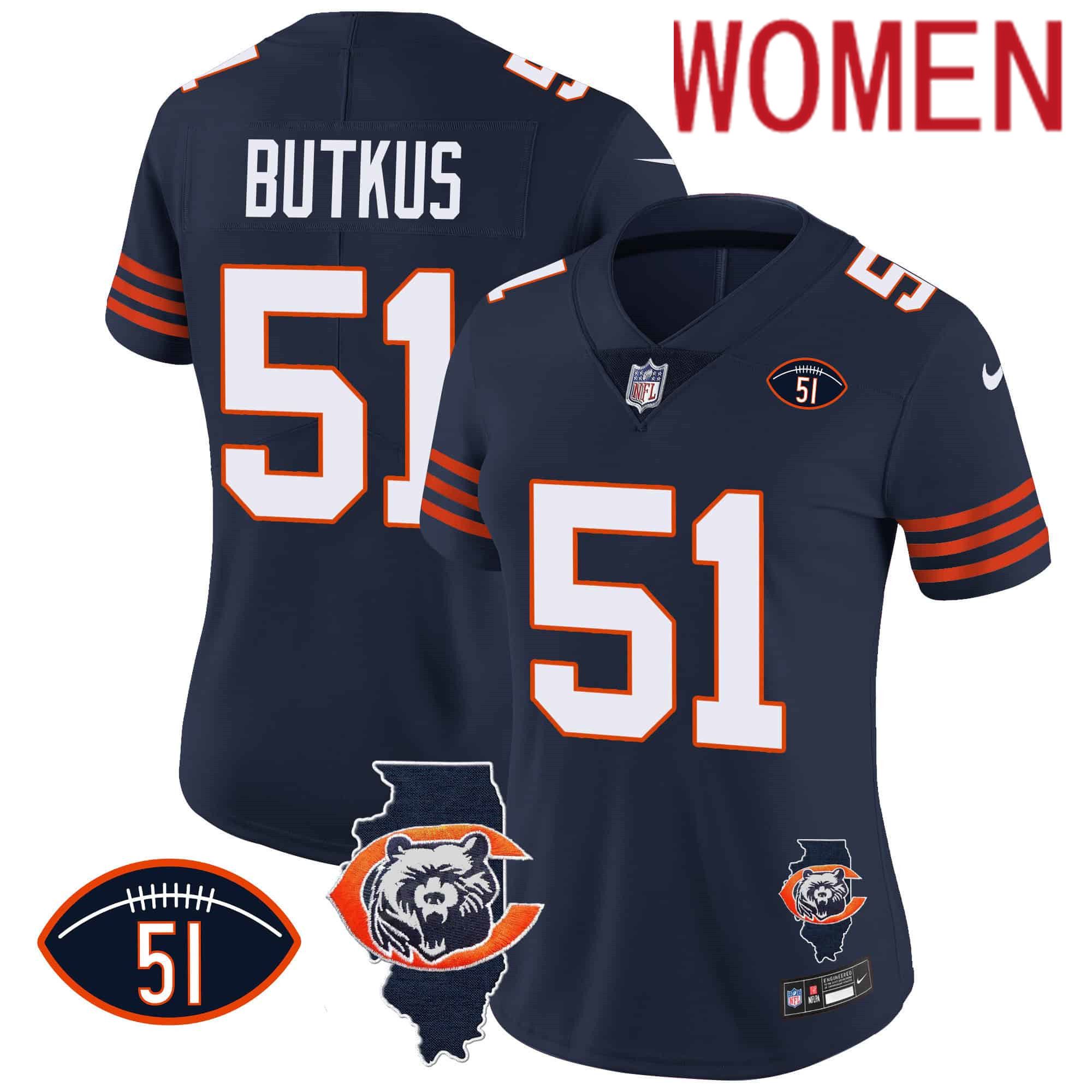Women Chicago Bears #51 Butkus Blue 2024 Nike Throwback Illinois Patch Vapor NFL Jersey style 1